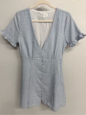 Privacy Please Blue White Stripe Seersucker Mini Dress V-neck Button Front M